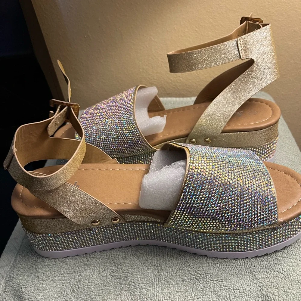 Womens Ankle Strap Rhinestones Glitter Platform Sandals Open Toe Wedge Shoes - Picture 5 of 5